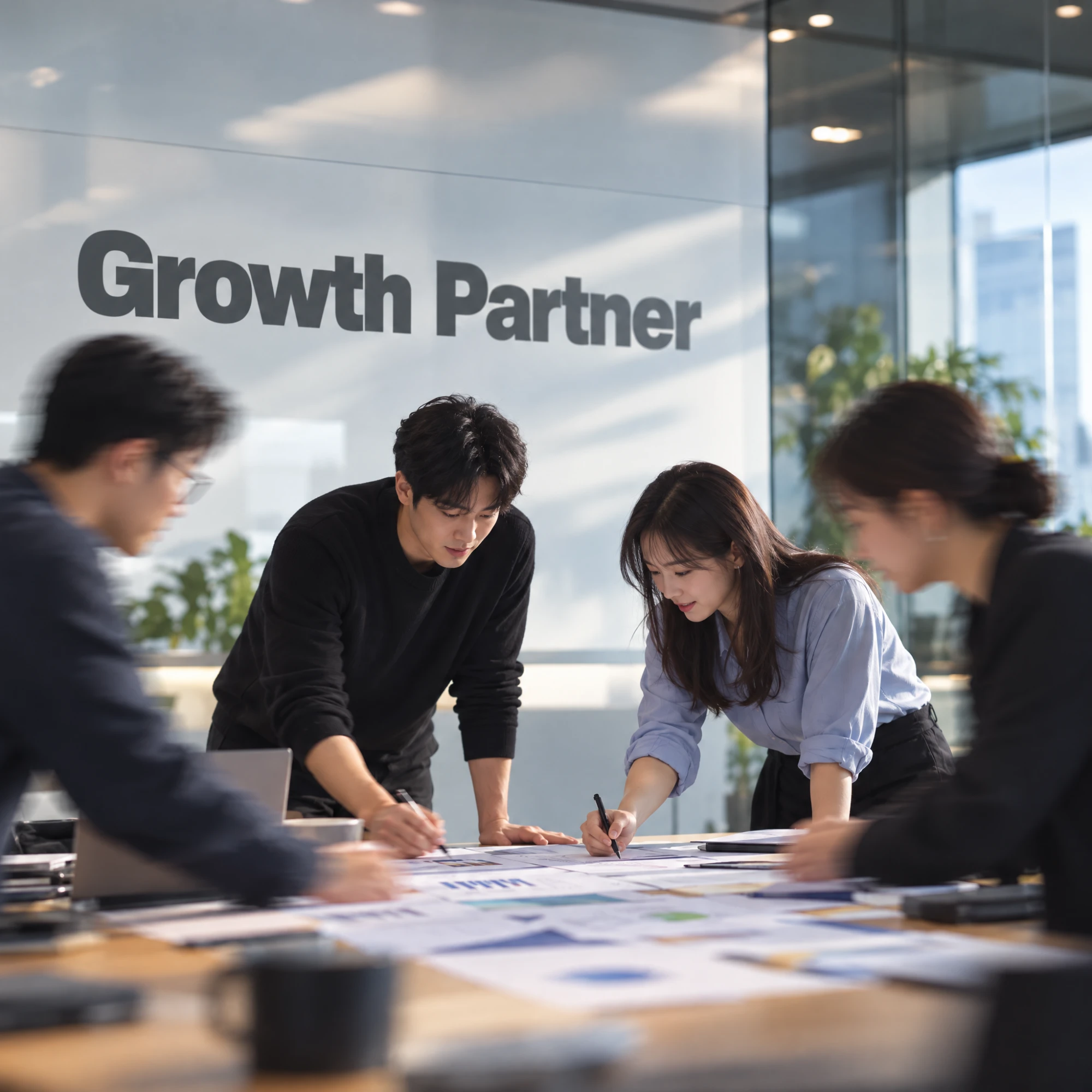 Growth Partner 사무실에서 함께 기획 자료를 검토하는 팀