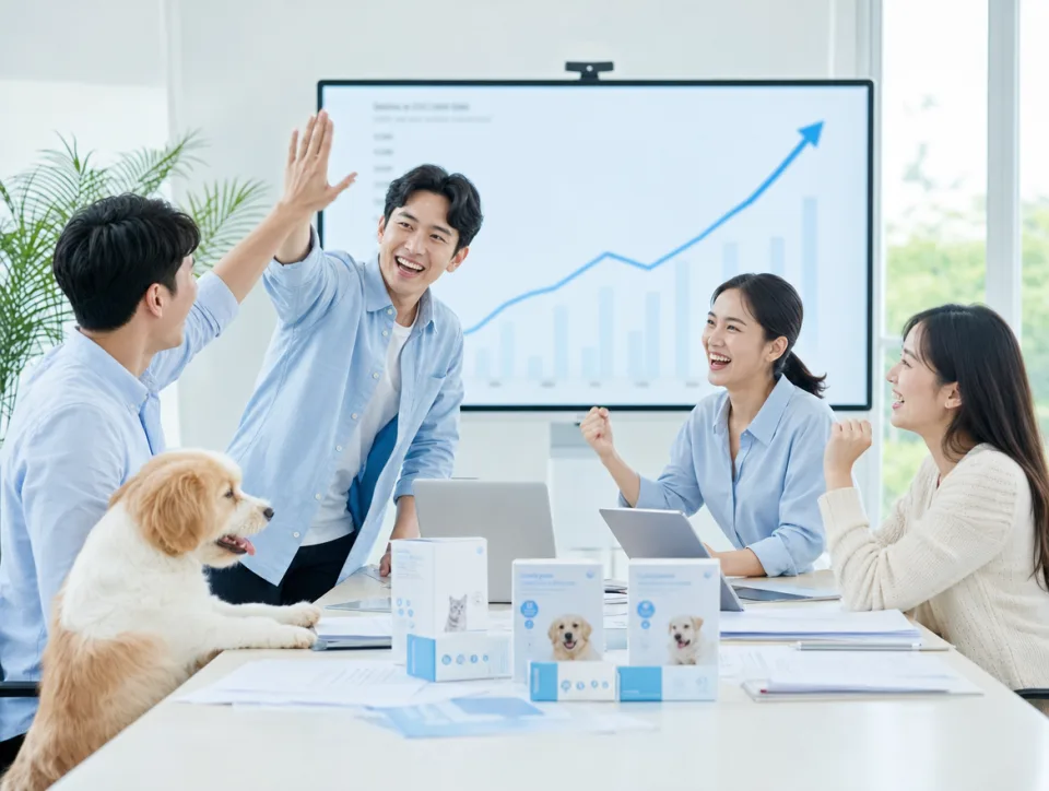 상승한 매출 그래프 앞에서 하이파이브하는 팀